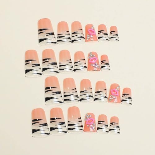 Long Duck Shape Press on Nails Pink Nude Glossy Fake Nails with 3D Lip Charm Rhinestones Designs Nails Press Ons Reusable Stick On Nails for Women 24Pcs - color: Style 23