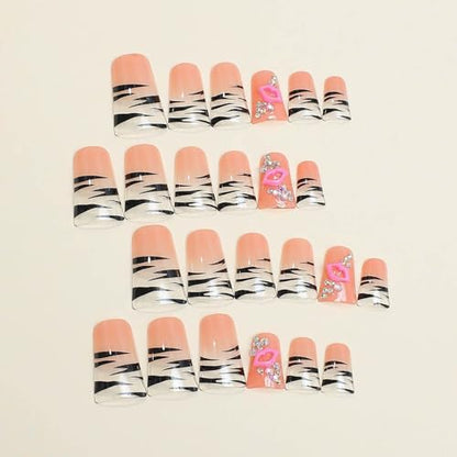 Long Duck Shape Press on Nails Pink Nude Glossy Fake Nails with 3D Lip Charm Rhinestones Designs Nails Press Ons Reusable Stick On Nails for Women 24Pcs - color: Style 23