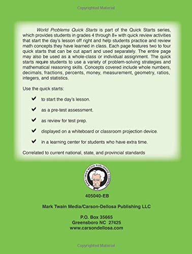 Mark Twain Word Problems Math Workbook, Mathematics for Grades 4 and Up, Whole Numbers, Fractions, Decimals, Geometry, Ratio, Statistics, and More, Classroom or Homeschool Curriculum