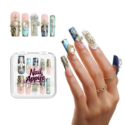 Luxury Gothic Press-On Nails Long Square Shape, Handmade XL Reusable Acrylic Nails with 3D Statue & Cross Charms, Blue Pink Gradient Full Cover Fake Nails for Women - color: Celestial Charm, size: L