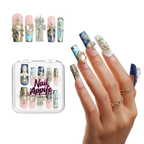 Luxury Gothic Press-On Nails Long Square Shape, Handmade XL Reusable Acrylic Nails with 3D Statue & Cross Charms, Blue Pink Gradient Full Cover Fake Nails for Women - color: Celestial Charm, size: M