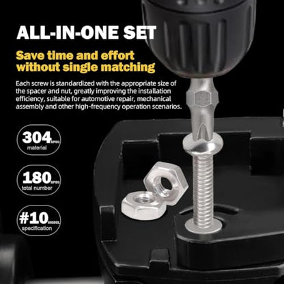 180 PCS Bolt Combination Kit #10, 3/8", 3/4", 1" - size: 4.8 mm, style: Round head machine screw