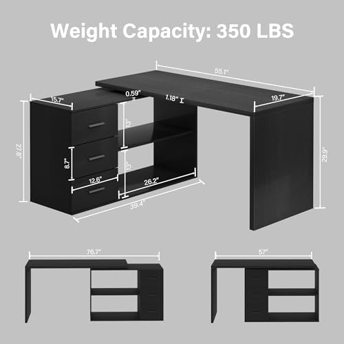 HSH 55-76 Inch Black Morden L Shaped Desk, Corner Desk with Storage Drawers - color: Black
