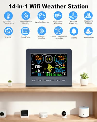 Urageuxy 7-in-1 Wireless Weather Station with Outdoor Sensor, WiFi Indoor Outdoor Weather Stations, Rain Gauge, Anemometer, Temperature, Humidity, UV, Barometric Pressure for Home Garden