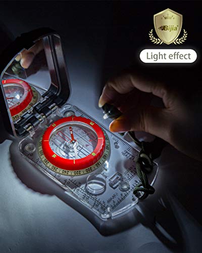 BIJIA Orienteering Map Compass -Sighting Mirror Compass with Adjustable Declination,Clinometer and LED Light for Hiking,Camping,Orienteering,Hunting,Global Mountaineering, Navigating and SAR Training