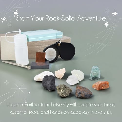 Eisco - Mineral Test Kit with 9 Raw Mineral Samples and Testing Tools - Includes Streak Plate, Magnet, Hand Lens, and More - Classroom and Field Geology Identification Kit