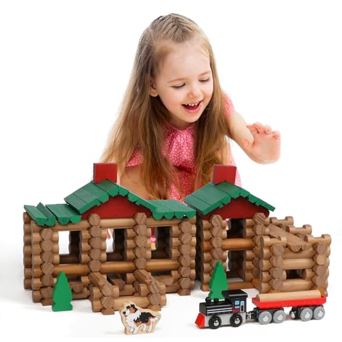 Wondertoys 208 Pcs Wooden Log Set - Classic Building Logs Ages 3+ - Best Retro Building Gift Set for Boys - Creative Construction Engineering Educational Gifts - style: 208PCS Classic