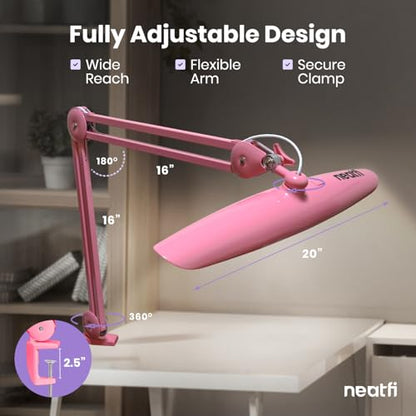 Neatfi XL 2200 Lumens 24W LED Desk Lamp – Shadow-Free Task Lighting | 4-Level Dimming | Home Office & Crafts Use | 20-Inch Wide Head (Pink, Non-CCT with Clamp) - color: Pink, size: Non-CCT with Clamp