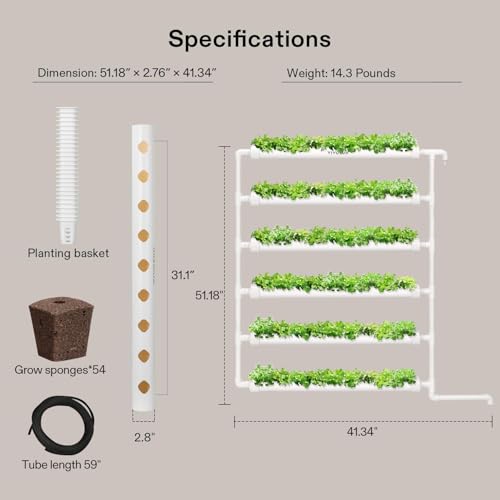 VIVOSUN Hydroponic Grow Kit, 54 Plant Sites 6 Food-Grade PVC-U Pipes Hydroponics Planting System with Water Pump, Pump Timer, Nest Basket and Sponge for Leafy Vegetable - size: 54(Wall mounted)