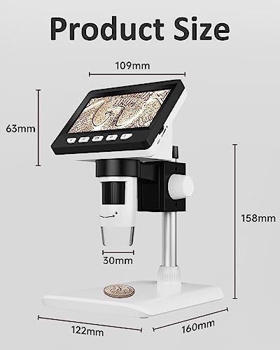 Digital Coin Microscope 1000X, 4.3" LCD Coin Magnifier with Screen for Error Coins, 1080P USB Microscope with 8 Adjustable LED Lights, Photo & Video, Built-in Storage, Compatible with Windows/MacOS - color: White