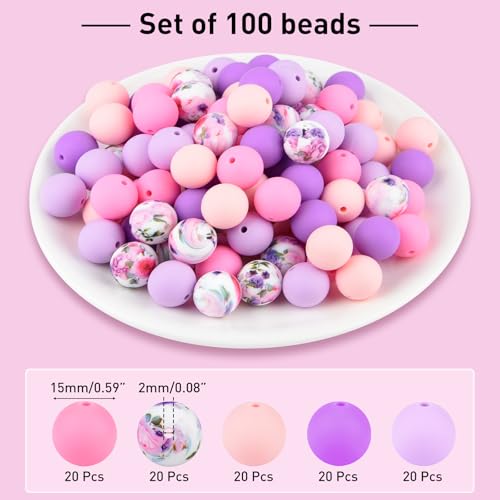 ASTARON 100 Pcs 15mm Purple Pink Silicone Beads for Keychain Making Crafts - color: Pink Purple