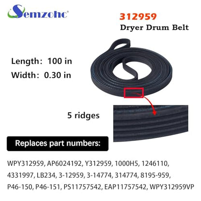 Dryer Repair Kit - 312959 Drum Belt, 303373K 12001541 Dryer Drum Roller Kit Fit for may-tag Dryer LDG8424AAE LDG9304AAM DE212 DE313 LDE8406ACE, LDE8406ACM, LDE8406ADE, LDE8410, LDE8410ACE