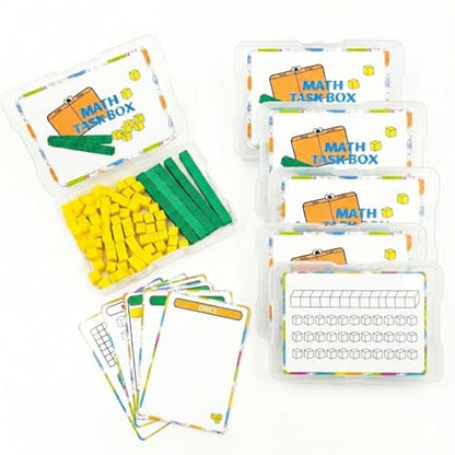 Math Task Boxes Set of 5 Math Manipulatives Themes 230+ Pieces of Number Rods, Base Ten Blocks, Ten Frame Disc Counters, Place Value Blocks, 0-9 Numbers, 3D Shapes, Activity Cards (Base Ten Blocks) - color: Base Ten Blocks