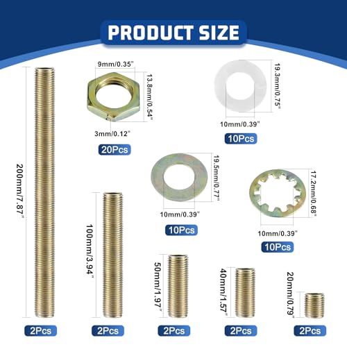 Antique Brass Lamp Repair Hardware Kit - 5 Sizes, 60 Pieces, Includes Pipe Nipples, Lock Nuts, Washers, Perfect for Lamp Assembly & DIY - color: Antique Brass