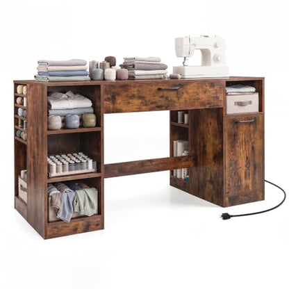 COSTWAY Sewing Machine Table with Power Outlets, Massive Storage (Brown) - color: Brown