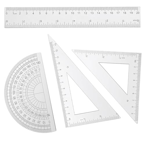 4 Pcs Math Geometry Set Transparent Plastic Ruler Kit with 8 Inch Straight Rulers, Triangular Ruler, Protractor, Clear Measuring Tools for Office and Drafting