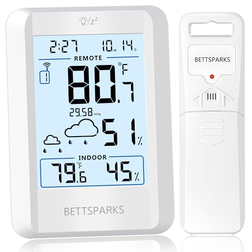 Indoor Outdoor Thermometer Wireless Weather Station with 330FT Range Remove Sensor Inside Outside Digital Hygrometer Thermometer Battery Powered Temperature Gauge Humidity Monitor with Clock&Backlight