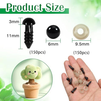 TOAOB 150pcs 6mm Safety Eyes for Amigurumis Craft Crochet Eyes with 150pcs Washers Black Doll Eyes for Crocheting Stuffed Animals Doll Making - size: 6mm