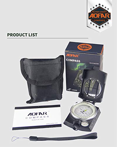 AOFAR Military Compass,AF-4580 Lensatic Sighting, Waterproof and Shakeproof with Map Measurer Distance Calculator, Pouch for Camping, Hiking - color: Black
