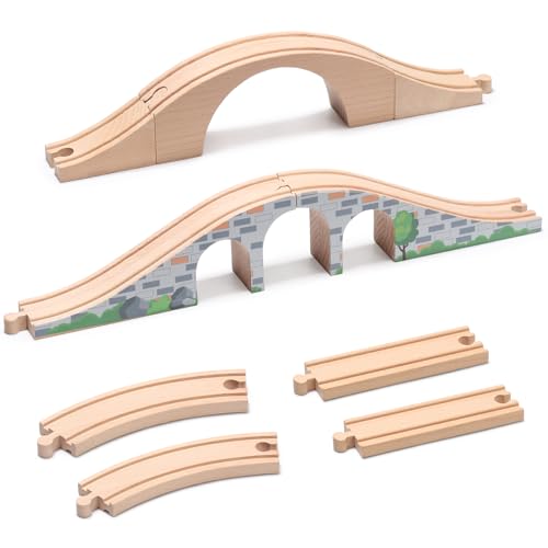 SainSmart Jr. 9 Pcs Wooden Train Track Expansion with Bridge, Wood Train Track Pieces Compatible with Thomas, Brio, Chuggington – Sturdy Hardwood for Long-Lasting Play, Ideal Gift for Kids 3-7