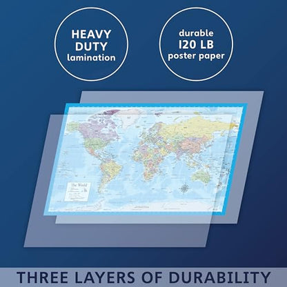 2 Pack - Laminated World Map & US Map Poster Set - Wall Chart Map of the World & United States - Made in the USA [Light Blue] - color: Light Blue