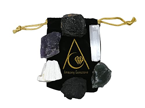 Amazing Gemstone Crystals for House Protection Manifestation, Set of 6 Amethyst, Scolecite, Shungite, Black Tourmaline, Selenite and Moss Agate Healing Crystals and Stones - color: House Protection Crystals