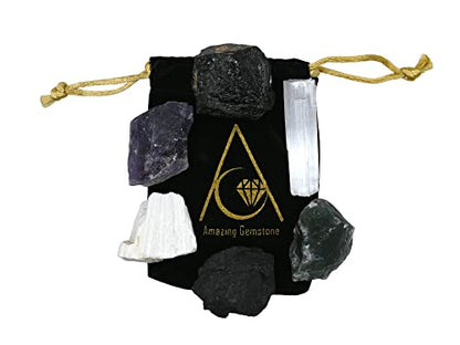 Amazing Gemstone Crystals for House Protection Manifestation, Set of 6 Amethyst, Scolecite, Shungite, Black Tourmaline, Selenite and Moss Agate Healing Crystals and Stones - color: House Protection Crystals