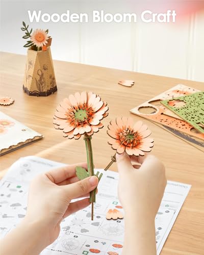 rowood 3D Puzzles for Adults,Mother's Day DIY Wooden Flower Building Set Craft Kits,Botanical Collection Home Decor, Teacher's Day/Christmas/Birthday Gift- Orange Gerbera Daisy - style: Orange Gerbera Daisy