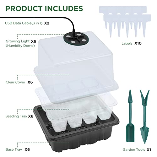 Seed Starter Tray with Light, 6PCS Seed Starter Kit with Grow Light, Seedling Starter Trays with Humidity Domes, Covers Height 3.9", Indoor Gardening Plant Germination Trays - color: Black
