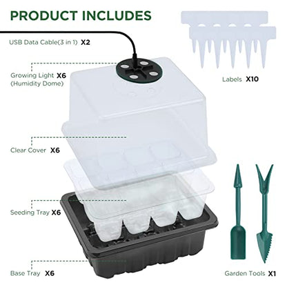 Seed Starter Tray with Light, 6PCS Seed Starter Kit with Grow Light, Seedling Starter Trays with Humidity Domes, Covers Height 3.9", Indoor Gardening Plant Germination Trays - color: Black