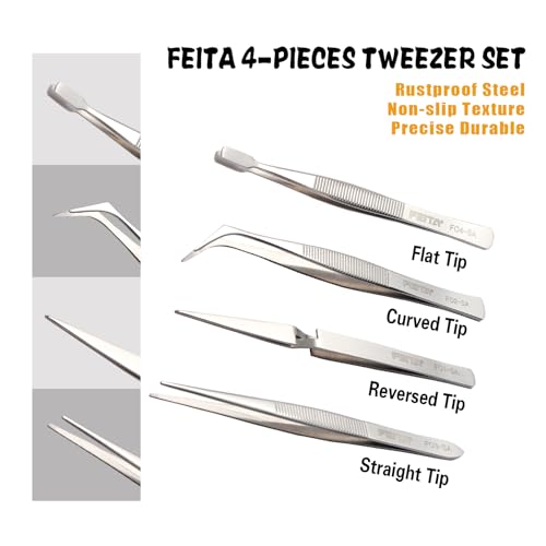 FEITA Precision Craft Tweezers Stainless Steel Tweezer Set for Jewelry, Crafting, Bead & Nail Art Tools – 4 Piece Twizzers - style: Precision