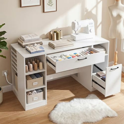 COSTWAY Sewing Machine Table with Power Outlets, Massive Storage (White) - color: White