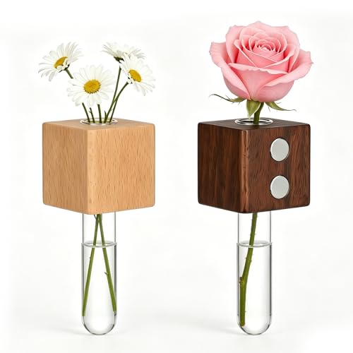 2PCS 3D Mini Vase Magnets for Fridge with Glass for Home Office - color: 1 Beech +1 Walnut