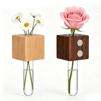 2PCS 3D Mini Vase Magnets for Fridge with Glass for Home Office - color: 1 Beech +1 Walnut