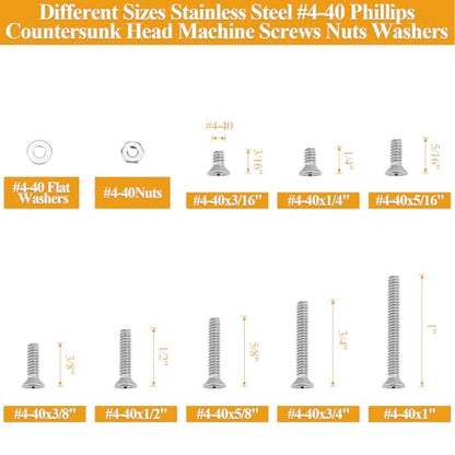 254 Pieces #4-40 x 3/16", 1/4", 5/16", 3/8", 1/2", 5/8", 3/4", 1", Phillips Countersunk Head Machine Screws Nuts Washers Assortment Kit - size: #4-40, style: Phillips Countersunk Head