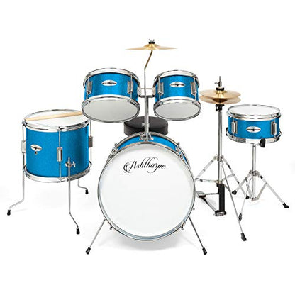 Ashthorpe 5-Piece Complete Kids Drum Set with Genuine Brass Cymbals - Junior Beginner Kit with 16" Bass, Throne, Hi-Hats, Pedals & Drumsticks - Blue - color: Blue