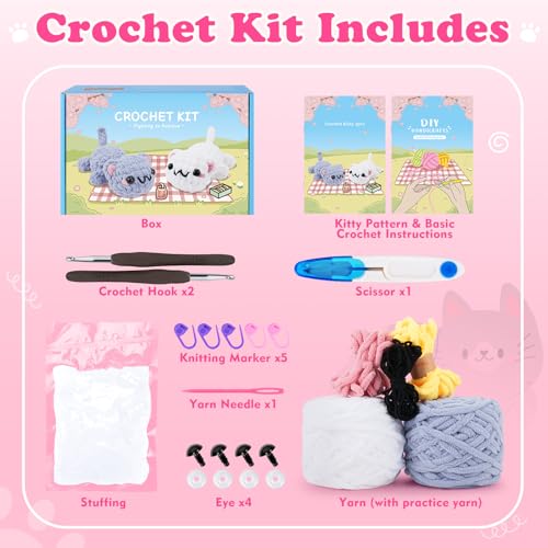 2PCS Kitty Crochet Kit for Beginners Cats Crochet Starter Kit for Adults - color: Gray White Cat
