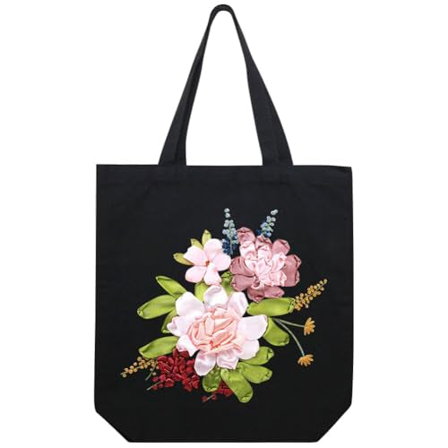 Canvas Tote Bag Silk Ribbon Embroidery Kit for Beginners Arts DIY Crafts Starter Kit Include Stamped Bag Threads Hoop - color: Color #2, Black Bag