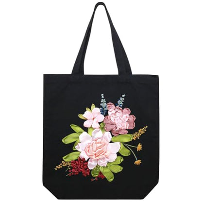 Canvas Tote Bag Silk Ribbon Embroidery Kit for Beginners Arts DIY Crafts Starter Kit Include Stamped Bag Threads Hoop - color: Color #2, Black Bag