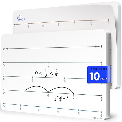 SCRIBBLEDO Fraction 9”x12” Dry Erase Number Line for Students Small White Board Dry Erase Sheets Math Manipulatives Numberline Homeschool Supplies Teacher Classroom Pack of 10 Sheets