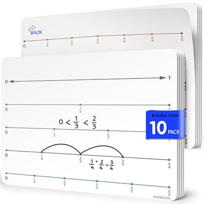 SCRIBBLEDO Fraction 9”x12” Dry Erase Number Line for Students Small White Board Dry Erase Sheets Math Manipulatives Numberline Homeschool Supplies Teacher Classroom Pack of 10 Sheets