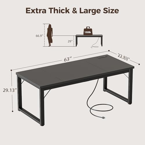 Mericonia 63 Inch Computer Desk with Power Outlets, 1.2" Thick Office Table - color: Black, size: 63*23,1.2"T