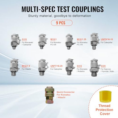 Hydraulic Pressure Test Kit, 250/400/600bar, 3 Gauges 9 Test Couplings 3 Test Hoses, Excavator Hydraulic Test Gauge Set with Portable Carrying Case for Excavator Tractors Construction Machinery - style: 3 Gauges 9 Test Couplings