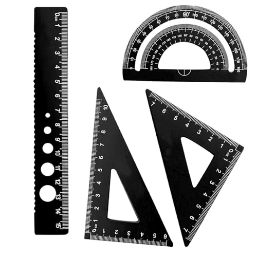 4 Pack Aluminum Triangular Scale Ruler Set, Metal Protractor & Straight Ruler, Laser Engraved Centimeter Drafting Tools for Students Engineers Designers(Black) - color: Black