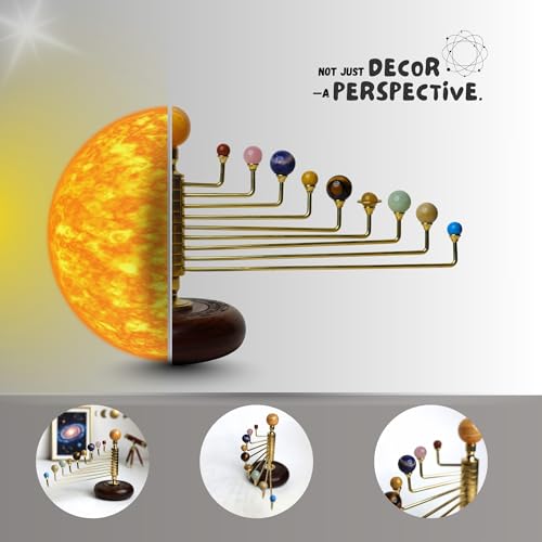Luxury Handcrafted Solar System Model with Semi-Precious Stones – Sun, Earth & Moon Planet Display on Rosewood Base | Astronomy Art Desk Decor (Rotating Solar System)