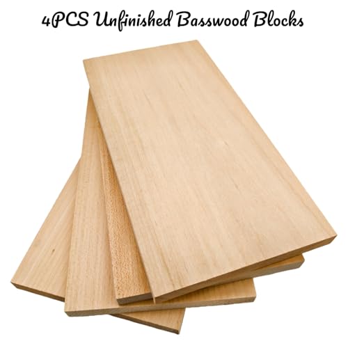 4PCS Unfinished Basswood Blocks for Crafts, Wood Craft Panels for Art, Engraving, Painting, DIY Projects, Chip Carving, Fretwork (7.87 x 3.93 x 0.39 in) - size: 7.87 x 3.93 x 0.39 in
