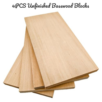 4PCS Unfinished Basswood Blocks for Crafts, Wood Craft Panels for Art, Engraving, Painting, DIY Projects, Chip Carving, Fretwork (7.87 x 3.93 x 0.39 in) - size: 7.87 x 3.93 x 0.39 in