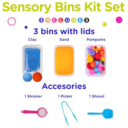 LOLO TOYS Sensory Kit for Toddlers and Kids - Includes 3 Bins with Lids, Play Tools, Sand, Feathers, Clay, Color Beads and Pom Poms Kids Box Fillers (Starter Set)