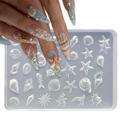 1 Pcs Nail Molds 3D Summer Silicone Nail Mold Marine Animals Design Nail Art Molds Carving Template Cute Starfish, Shell Molds Silicone Nail Tools for Women Acrylic Nails Art Supplies DIY - color: Styl 16