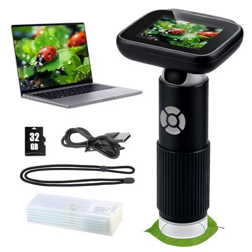 Microscope for Kids with 32GB Card, Adjustable 2.4inch IPS LCD Screen 5 Slides 1000X 1080P Digital Handheld Kids Microscope, Mini Portable Pocket Miniscope Science Toys Gifts for Boys Girls Aged 3-12 - color: Black